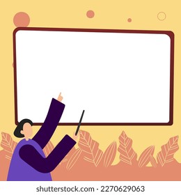 Woman pointing with pointer stick to important information written on whiteboard. Large Conversation Balloon with New Ideas. Blank speech bubble contains Recent Updates.