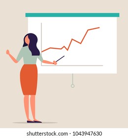 Woman Pointing At Presentation Screen Board. Business Seminar, Review Of Financial, Marketing Data, Charts. Full Length Female Business Character In Modern Simple And Clear Flat Style