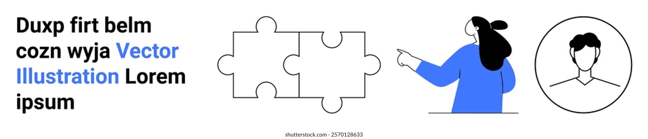 Woman pointing at puzzle pieces next to a profile portrait and placeholder text. Ideal for teamwork, problem-solving, collaboration, user profiles, and educational content. Banner for landing page