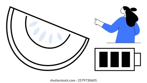 Woman pointing to the right, a large slice of fruit with seeds, and a battery icon with three bars. Ideal for health, technology, food, fitness, and energy. Simple vector style