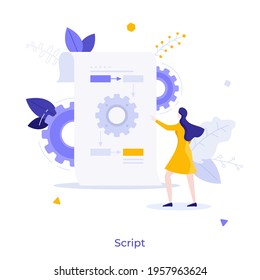 Woman pointing at scheme or blueprint with gear wheels. Concept of script, program code, scripting programming language, software development, coding project. Modern flat colorful vector illustration.