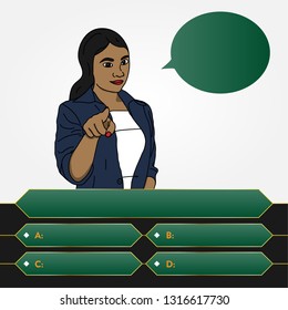 Woman pointing at screen asking questions with options showing
