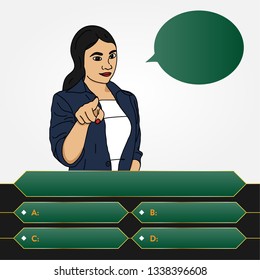 Woman pointing at screen asking questions with options showing