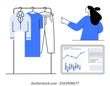 Woman pointing at screen with graphs. Hanging garments including shirt pants and dress on rack. Ideal for fashion design clothing industry data analysis and business strategy presentation. Modern