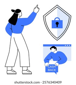 Woman pointing at a security shield icon with a lock, man holding cashback sign in a web browser window. Ideal for financial literacy, online security, cashback offers, secure transactions, and user