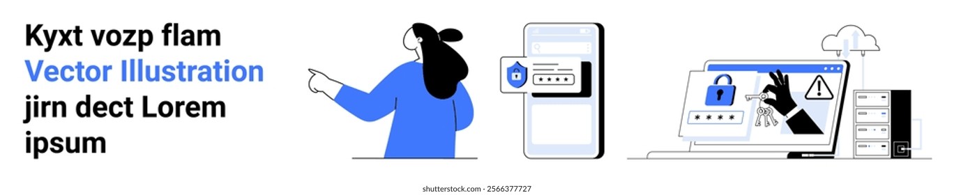 Woman pointing at security symbols, digital devices with security icons like lock and warning signs. Ideal for cybersecurity, online safety, data protection, secure communication, IT solutions