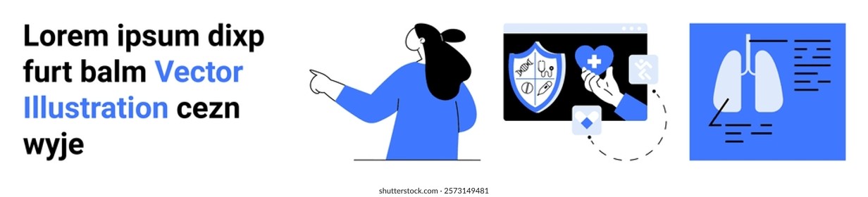 Woman pointing, shield with cross, hand holding medical app, and X-ray image of lungs. Ideal for healthcare, telemedicine, medical apps, diagnostics, and health technology. Banner for landing page
