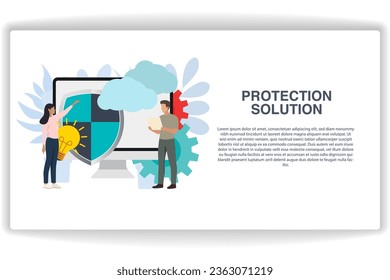 A woman was pointing at the shield. website page Protection Solution. Modern flat design concept of web page design for website and mobile website