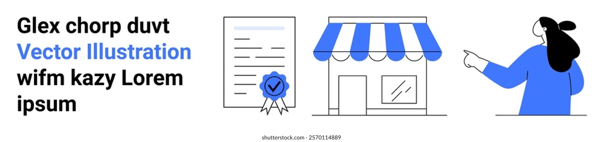 Woman pointing at a shop with an adjacent certificate featuring a blue ribbon. Ideal for business certification, small business promotion, commercial success, online shops, and business recognition