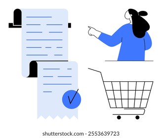 Woman pointing at shopping cart and receipt with checkmark. Shopping and online purchase concept. Ideal for marketing and e-commerce finance management transaction digital shopping and budgeting