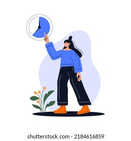 Woman pointing or showing time. Woman character design illustration. Trendy person standing isolated in white background. Modern lifestyle, concept in Vector illustration