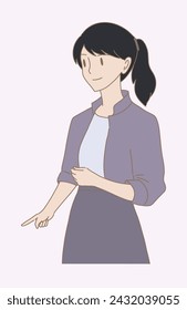Woman pointing side down,  indicating with index finger, showing down, to side with hand gesture, presenting, advertising, informing. Hand drawn flat cartoon character vector illustration.