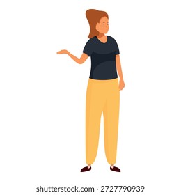 Mulher apontando para o lado apresentando algo com gesto de mão