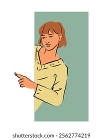 Woman pointing to the side, wearing a yellow shirt, with short brown hair, against a green background. Simple design with clean lines and vibrant colors. Flat cartoon vector illustration