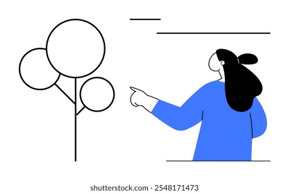 Woman pointing at a simplistic tree with three round shapes, minimalistic lines. Ideal for environmental awareness, education, presentations, web design, modern art. Simple vector style, clean lines