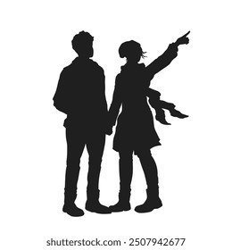 Woman pointing at sky. Black silhouette of guy and girl. Young couple in autumn clothes looking up. Girl in scarf showing at stars. Vector illustration