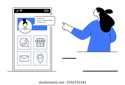 A woman pointing at a smartphone interface featuring app icons such as phone, store, email, and location. Ideal for technology themes, user experience, app design, communication tools, and digital