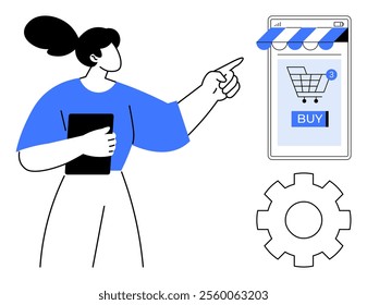 Woman pointing at smartphone screen displaying online store with shopping cart and buy button. Ideal for online shopping, e-commerce, mobile apps, digital marketing, and technology. Simple vector