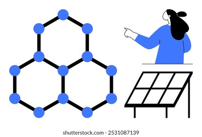 Woman pointing at a solar panel next to a molecular structure of connected circles. Ideal for technology renewable energy science education innovation and research topics. Modern flat style