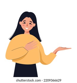 Woman pointing to something with her hand. Girl making gesture paying attention. Vector illustration.