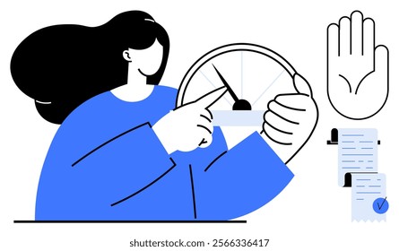 Woman pointing at a speedometer, indicating speed measurement or productivity. Hand gesture symbolizing stop or caution. Documents with checklist highlighting deadlines and tasks. Ideal for time