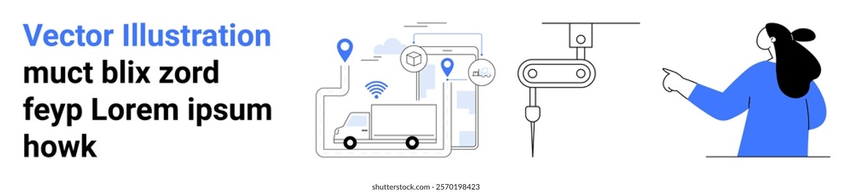 Woman pointing at supply chain elements like trucks, location pins, and automation icons. Ideal for logistics, supply chain, smart technology, automation, and transportation. Banner for landing page