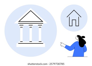 Woman pointing at symbols of a classical government building and a modern house, both in circular backgrounds. Ideal for architecture, real estate, education, comparison, and design themes. Simple