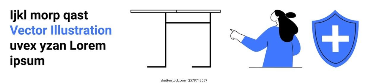 Woman pointing to a table underlines importance of protection and security symbolized by a shield with a plus sign. Ideal for business strategies, workplace safety, security measures, health care