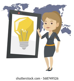 Woman pointing at tablet computer with a idea bulb on a screen. Busineswoman standing near tablet computer on the background of world map. Vector flat design illustration isolated on white background.