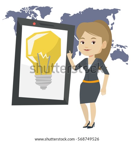 Woman pointing at tablet computer with a idea bulb on a screen. Busineswoman standing near tablet computer on the background of world map. Vector flat design illustration isolated on white background.