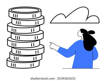 Woman pointing at a tall stack of coins with a cloud above. Simplistic design and bold lines. Ideal for financial growth savings cloud computing investment banking. Minimalist vector style