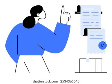 Uma mulher apontando para uma lista de tarefas com uma marca de seleção azul, destacando a gestão de tarefas e a produtividade. Ideal para negócios, organização, listas de tarefas, gerenciamento de projetos e eficiência. Simples plana