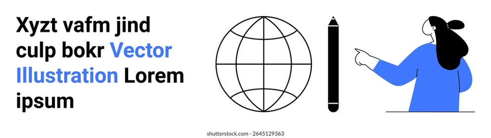 Mulher apontando para o texto ao lado do globo e da caneta. Ideal para e-learning, apresentações, start-ups de tecnologia, cursos on-line, webinars, marketing, ferramentas educacionais. Faixa para a página inicial