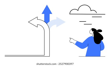 Woman pointing at three arrows indicating different directions with a cloud overhead. Ideal for decision-making, career choices, guidance, future planning, and pathways. Simplistic vector style