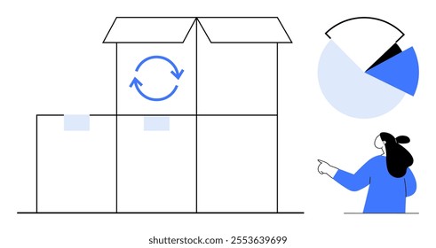 Woman pointing at three stacked boxes with recycling symbol and adjacent pie chart. Ideal for business logistics, sustainability, recycling, packaging, and inventory management themes. Minimalist