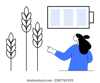 Woman pointing at three wheat plants beside a battery icon. Ideal for renewable energy, agriculture, sustainability, technology, farming. Minimalist, two-tone vector style with blue and black