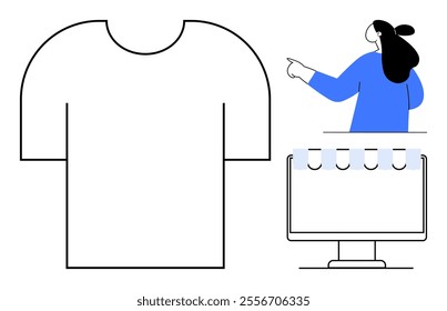 Woman pointing toward a blank t-shirt outline displayed on a computer screen. Ideal for fashion design, e-commerce, online stores, clothing stores, digital presentations. Simple modern style