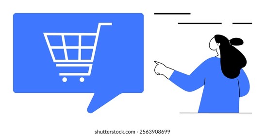 Woman pointing towards a blue speech bubble with a white shopping cart symbol. Ideal for online shopping, e-commerce, digital marketing, retail business, and customer interaction themes. Minimalist