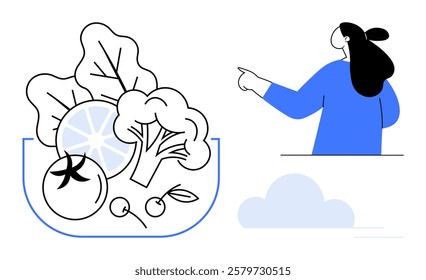 A woman pointing towards a bowl filled with various vegetables and fruits like tomato, broccoli, and lemon. Ideal for healthy eating, nutrition, vegetarian lifestyle, food education, clean eating