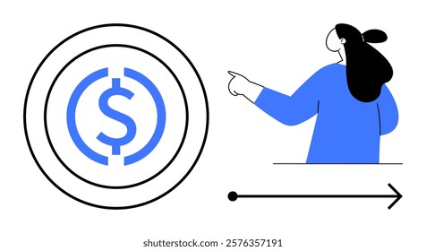 Woman pointing towards a dollar symbol inside a circle followed by an arrow. Ideal for finance, business growth, investment, savings, financial planning. Vector style with black and blue colours