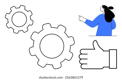 A woman pointing towards gears with a large thumbs-up sign nearby. Ideal for teamwork, approval, collaboration, productivity, mechanics. Clean and modern style