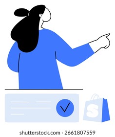 Woman pointing towards interface with checkmark and shopping bag. Ideal for online shopping, e-commerce, task completion, education, verification, customer interaction, marketing campaigns. Line