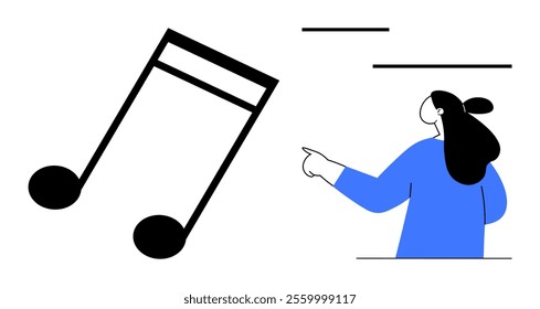 A woman pointing towards a large musical note on a white background. Ideal for music education, artistic expression, creativity, music events promotion, and abstract illustrations. Simplistic modern