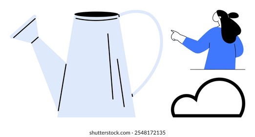 Woman pointing towards a large watering can and a cloud symbol. Ideal for gardening, environment, weather, minimalism, eco-awareness. Simple lines and soft colors creating a clean, modern look