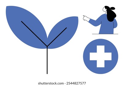 Woman pointing towards a stylized leaf and medical cross symbol. Ideal for healthcare, wellness, nature, medical services, and environmental themes. Modern, minimalist design elements with a blue