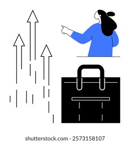 Woman pointing towards upward arrows next to a briefcase. Ideal for business growth, career development, success, strategy planning, and professional advancement. Modern minimalist style