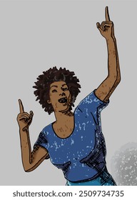 woman pointing up two hands finger showing cartoon drawing 
