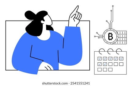 Woman pointing upwards, Bitcoin symbol with circuitry, calendar with checkboxes. Ideal for cryptocurrency, blockchain technology, financial planning, digital currency, and investment strategy themes