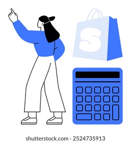 Woman pointing upwards with a shopping bag and a calculator. Ideal for online shopping budgeting financial planning e-commerce tutorials and consumer education. Simple modern style