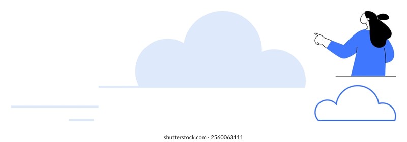 Woman pointing upwards towards a large cloud shape. Ideal for technology, cloud computing, data storage, digital transformation, and connectivity themes. Simple modern style vector design featuring